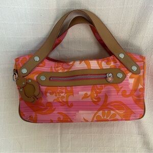 Kipling Pink & Orange Patterned Tote Bag with Tan Trim